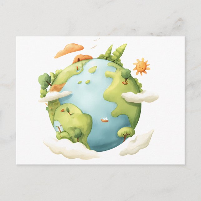 Watercolor Earth- Cartoon Earth with Nature Elemen Postcard (Front)