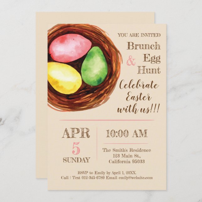 Watercolor Easter Brunch and Egg Hunt Invitation. Invitation (Front/Back)