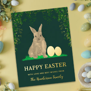 Watercolor Easter Bunny and Eggs Green Gold Foil Holiday Postcard