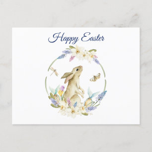 Watercolor Easter Bunny and Spring Flowers  Holiday Postcard
