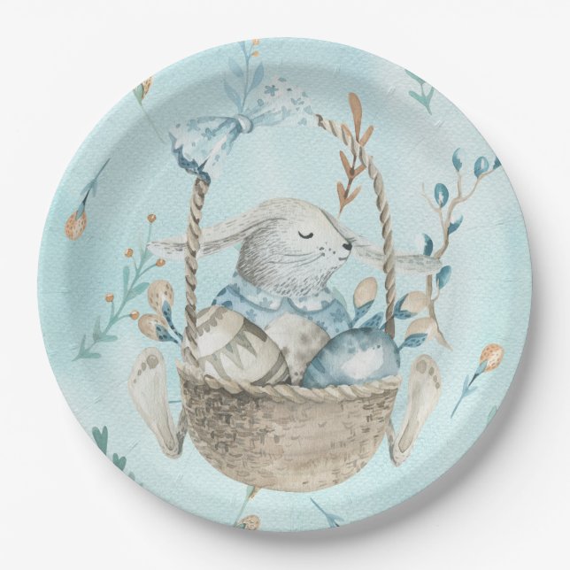 Watercolor Easter Bunny Egg Basket Paper Plate (Front)