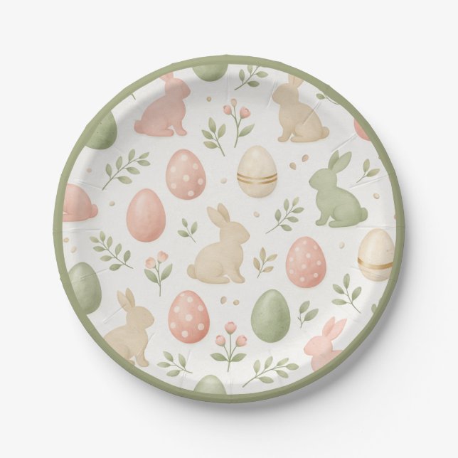 Watercolor Easter Bunny & Eggs Pastel Party Paper Plate (Front)