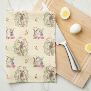 Watercolor Easter Bunny Floral Easter Egg Tea Towel