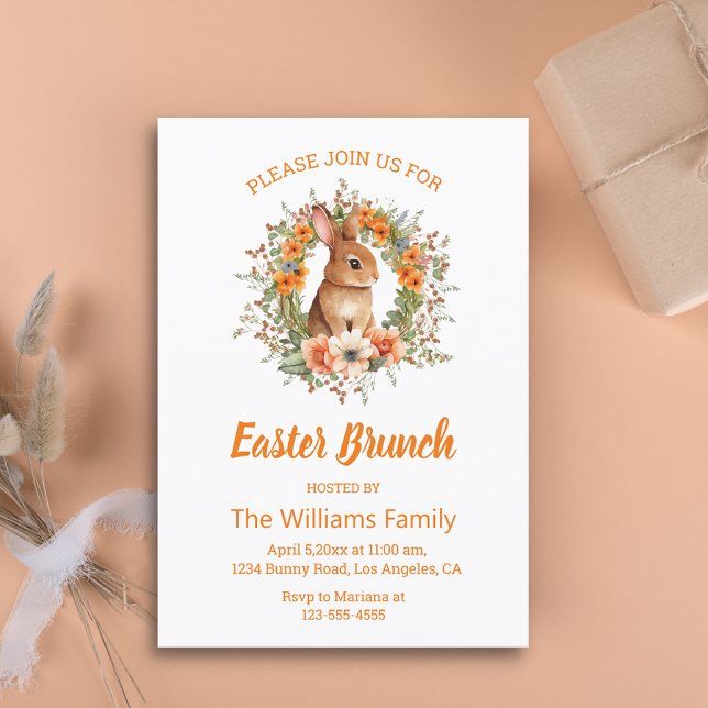 watercolor easter bunny floral orange brunch invitation (Creator Uploaded)