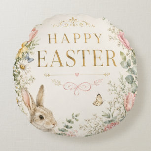 Watercolor Easter Bunny Greeting Card, Pastel Round Cushion