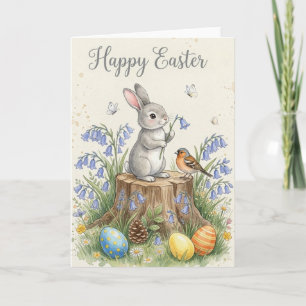 Watercolor Easter Bunny in Spring Meadow Card