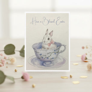 Watercolor Easter Bunny in Teacup  Holiday Postcard