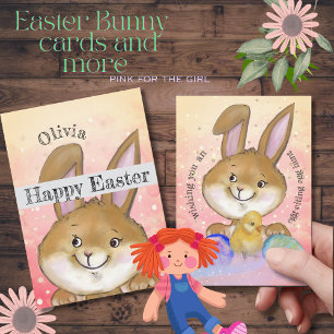 Watercolor Easter Bunny Kids Pink Holiday Card