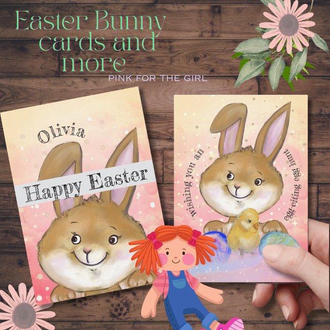 Watercolor Easter Bunny Kids Pink Holiday Card (Watercolor Easter Bunny Kids Pink Holiday Card )