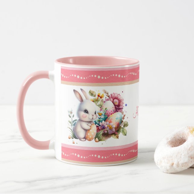 Watercolor Easter Bunny Striped Border Mug (With Donut)