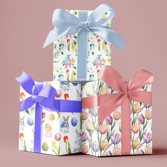 Watercolor Easter Bunny Tulips  Wrapping Paper Sheet (Creator Uploaded)