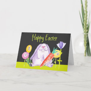 Watercolor Easter Bunny With Carrot And Flowers Holiday Card