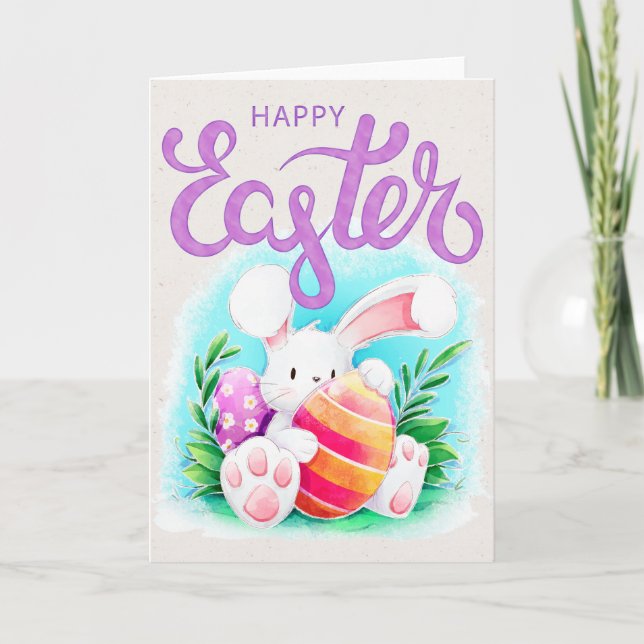 Watercolor Easter Bunny with Egg - Happy Easter Holiday Card (Front)