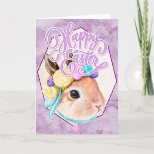 Watercolor Easter Bunny with Flower - Happy Easter Holiday Card