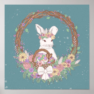 Watercolor Easter Bunny Wreath Art Poster