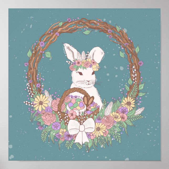 Watercolor Easter Bunny Wreath Art Poster (Front)