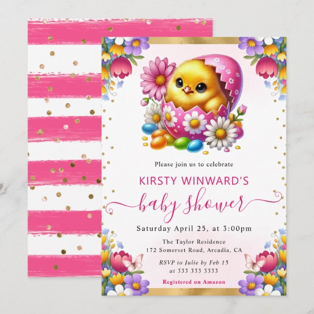 Watercolor Easter Chick Spring Flowers Baby Shower Invitation (Front/Back)