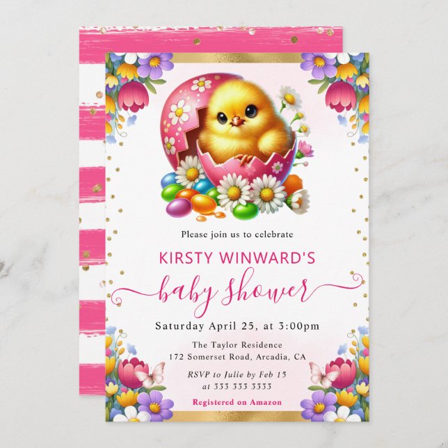 Watercolor Easter Chick Spring Flowers Baby Shower Invitation (Front/Back)