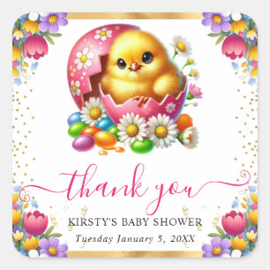 Watercolor Easter Chick Spring Flowers Baby Shower Square Sticker