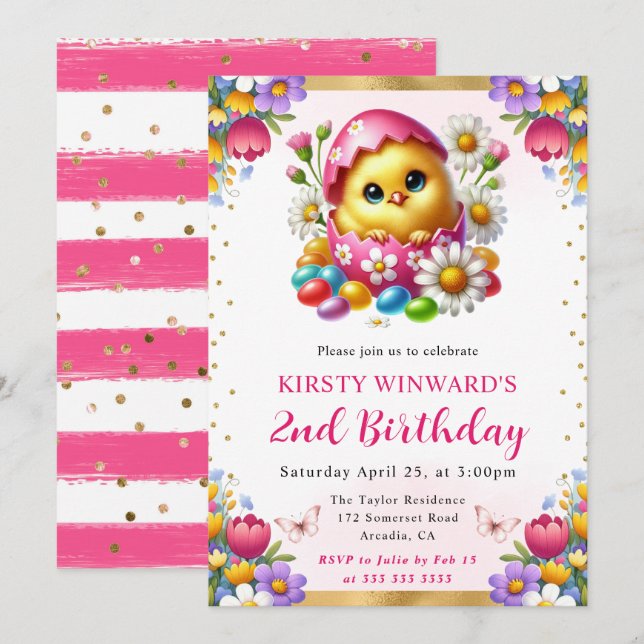 Watercolor Easter Chick Spring Flowers Birthday Invitation (Front/Back)