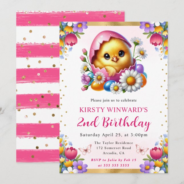 Watercolor Easter Chick Spring Flowers Birthday Invitation (Front/Back)