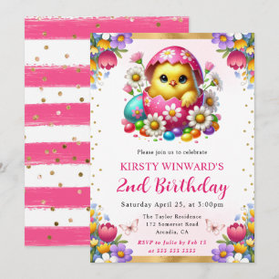 Watercolor Easter Chick Spring Flowers Birthday Invitation