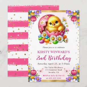 Watercolor Easter Chick Spring Flowers Birthday Invitation