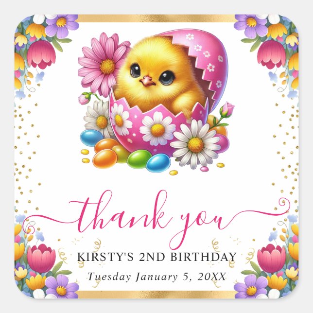 Watercolor Easter Chick Spring Flowers Birthday Square Sticker (Front)