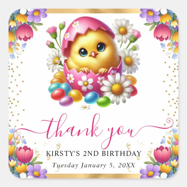 Watercolor Easter Chick Spring Flowers Birthday Square Sticker (Front)