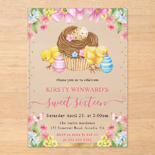 Watercolor Easter Chicks and Cake Spring Sweet 16 Acrylic Invitations