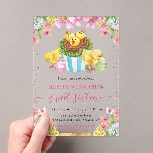 Watercolor Easter Chicks and Cake Spring Sweet 16 Acrylic Invitations