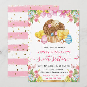 Watercolor Easter Chicks and Cake Spring Sweet 16 Invitation
