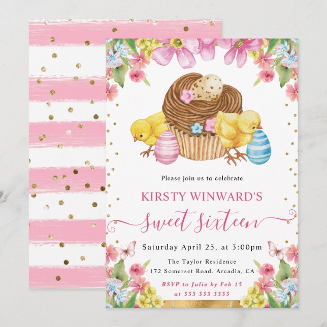 Watercolor Easter Chicks and Cake Spring Sweet 16 Invitation (Front/Back)