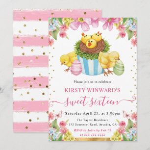 Watercolor Easter Chicks and Cake Spring Sweet 16 Invitation