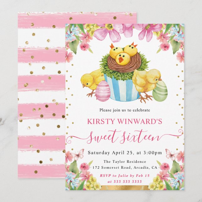Watercolor Easter Chicks and Cake Spring Sweet 16 Invitation (Front/Back)