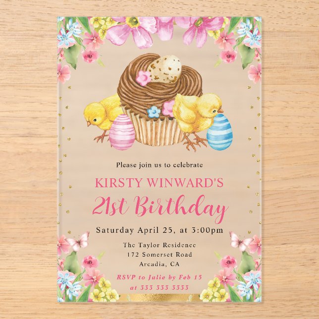 Watercolor Easter Chicks Spring 21st Birthday Acrylic Invitations (Front)