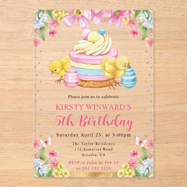 Watercolor Easter Chicks Spring 5th Birthday Acrylic Invitations (Front)