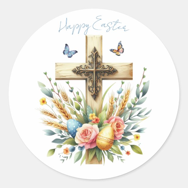 Watercolor Easter Cross Personalised Classic Round Sticker (Front)