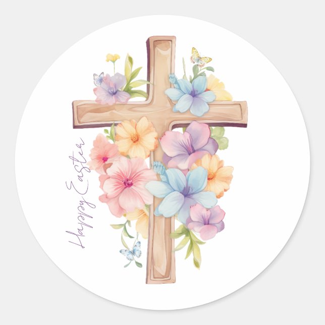 Watercolor Easter Cross Personalised Classic Round Sticker (Front)