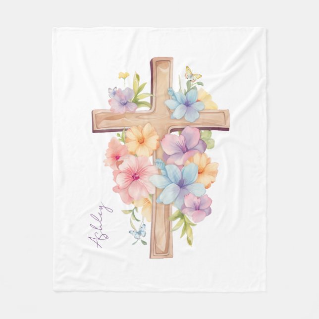 Watercolor Easter Cross Personalised Fleece Blanket (Front)