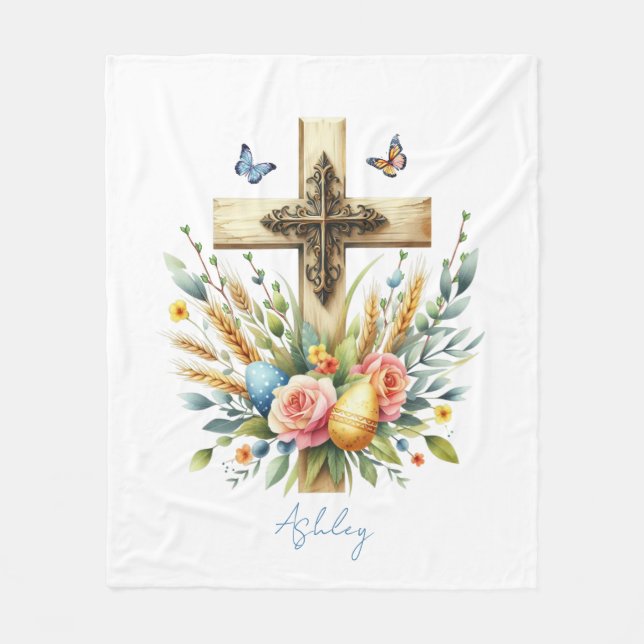 Watercolor Easter Cross Personalised Fleece Blanket (Front)
