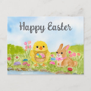  Watercolor Easter Egg Chick Easter Bunny  Postcard