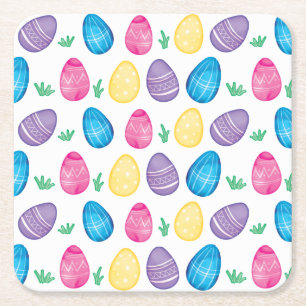 Watercolor Easter Egg Hunt Pattern Square Paper Coaster