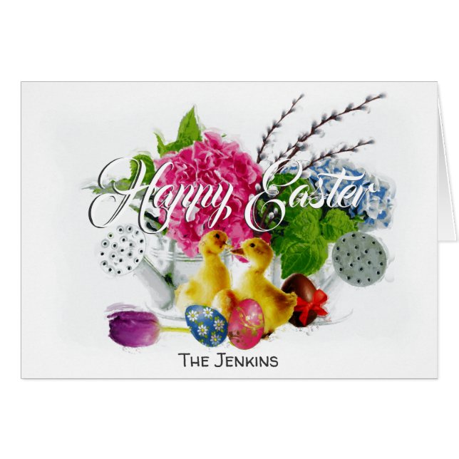 Watercolor Easter Eggs, Ducklings & Spring Flowers (Front Horizontal)