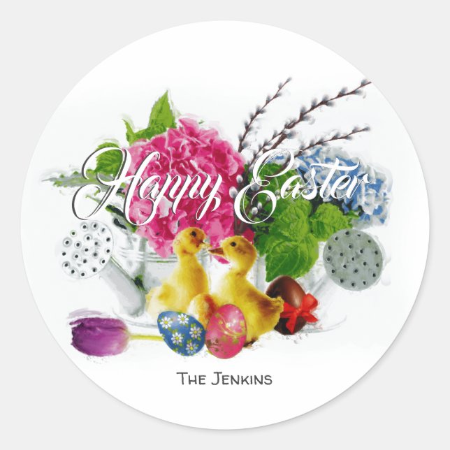 Watercolor Easter Eggs, Ducklings & Spring Flowers Classic Round Sticker (Front)