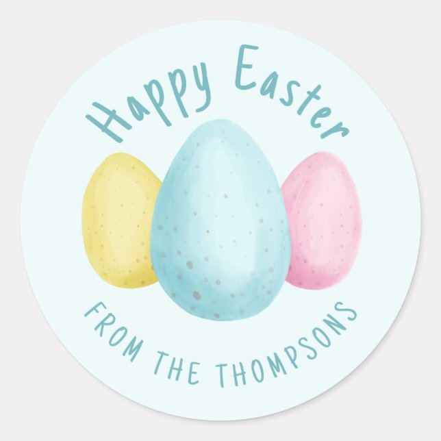 Watercolor Easter Eggs Happy Easter Blue Classic Round Sticker (Front)