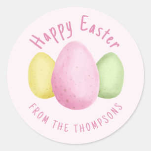 Watercolor Easter Eggs Happy Easter Pink Classic Round Sticker