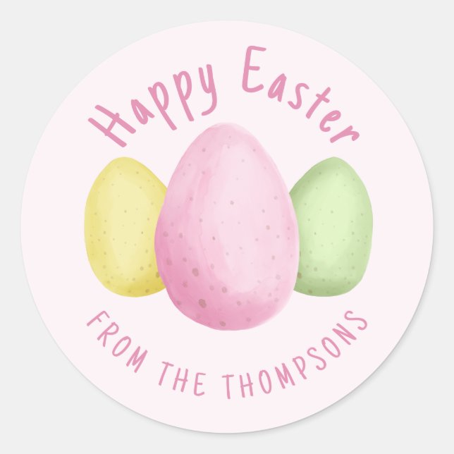 Watercolor Easter Eggs Happy Easter Pink Classic Round Sticker (Front)