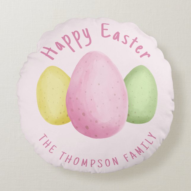 Watercolor Easter Eggs Pink Happy Easter Round Cushion (Front)