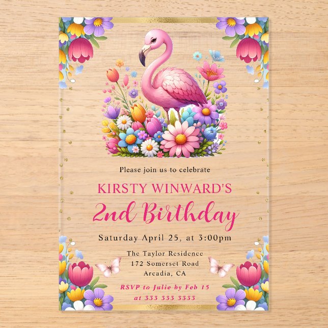 Watercolor Easter Flamingo Spring Flowers Birthday Acrylic Invitations (Front)